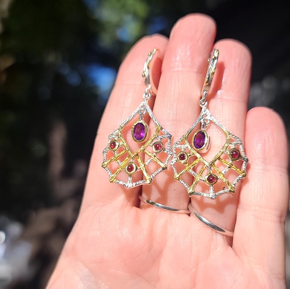Amethyst & Rhodolite sterling & gold web 🕸 chandelier Earrings - Picture 3 of 5
